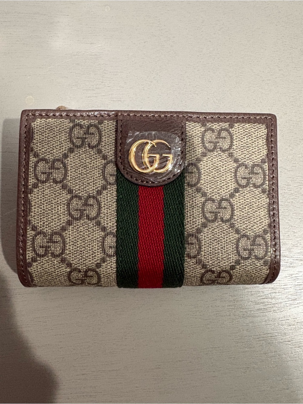 Gucci GG Supreme Card Holder Wallet in Beige/Brown with Green and Red Web